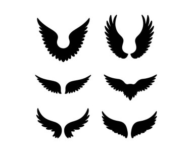 Kanat simgeleri koleksiyonu. Siyah siluet kanat simgeleri. Vektör