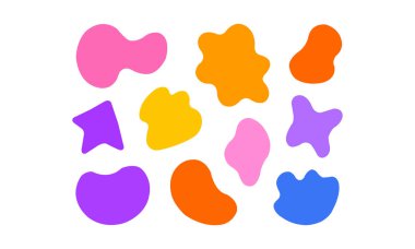 Kırmızı, mavi, pembe ve bej renkli soyut şekiller. Organik, neşeli formlar. Soyut şekiller canlı ve sanatsal bir model yaratır. Soyut tasarım elementleri. Renkli şekiller, vektör