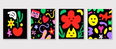 Çocuklar ve çocuklar tasarım vektörünü kapsıyor. Eğlenceli el çizimi karalama tasarımı arka planı. Paketleme, duvar kağıdı ve yazdırma için oyuncu poster tasarımı.