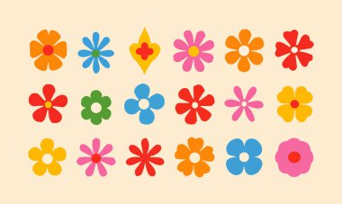 Minimalist retro şeklinde vahşi geometrik oyuncu çiçek yıldızları seti. Acımasız temel figürler. tasarım ögeleri.