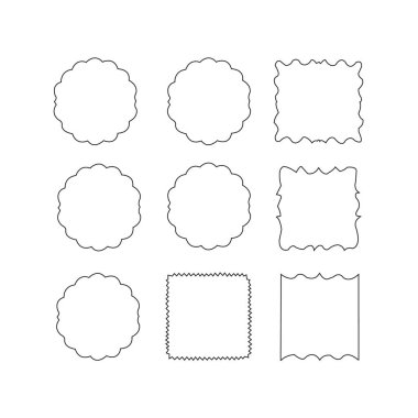 Kafa derisi çerçeve takımı. Kıvrımlı kenarlı farklı dalgalı şekiller. Zig zag pulları ya da fotoğraf, rozet, etiket tasarımı için çıkartmalar. Beyaz arkaplanda yalıtılmış kıvrımlı etiketler,