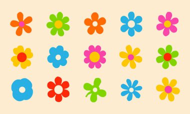 Minimalist retro şeklinde vahşi geometrik oyuncu çiçek yıldızları seti. Acımasız temel figürler. tasarım ögeleri.