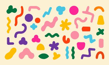 Vektör çizimi. Çağdaş pastel renk süslemeleri ve çizilmiş karikatür çizimlerindeki geometri figürleri sarı arkaplana karşı. Modern simgeler ve grafikler. Minimalist