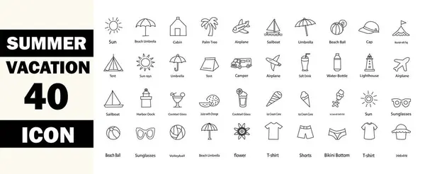 Yaz tatili ikonu seti. Tatil ikonları: seyahat, sahil, sörf, otel, turizm, manzara, kamera, pasaport, dondurma ve daha fazlası. Düzenlenebilir satır simgeleri. Vektör