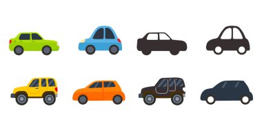 Çeşitli arabalar ya da araçlar. Farklı tip arabalar: Sedan, SUV, pikap, coupe, hatchback, retro araba. Otomobil, motorlu taşıma konsepti. El çizimi moda Vektör çizimi. Her araba izole edilmiş.