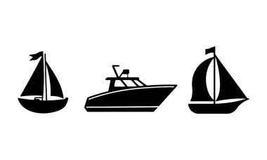 Gemi ve deniz teknesi siyah siluet seti. Küçük ve büyük deniz gemileri. Beyaz arkaplanda vektör illüstrasyonu