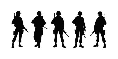 Yürüyen, nişan alan ve elinde tüfeklerle stratejik savaş alanında duran kadın askerlerin askeri siluetleri. Küresel çatışma, savunma ve taktiksel hazırlık.