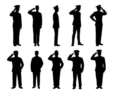 Polis ve Asker Siluet üniformalı selam veriyor. Askeri & Uygulama Vektörü.