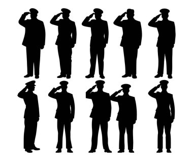 Polis ve Asker Siluet üniformalı selam veriyor. Askeri & Uygulama Vektörü.