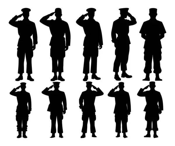 Polis ve Asker Siluet üniformalı selam veriyor. Askeri & Uygulama Vektörü.