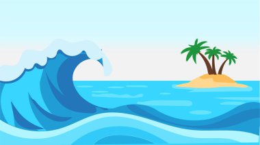 Okyanus dalgası arka planı. Adanın yakınlarında soyut fırtına dalgaları. Tropik sörf, okyanus suyu ve gökyüzü posterleri. Dekoratif seyahat broşürü. Palmiye ağaçlı sörfçü plajı. Vektör çizimi. Aqua yüzeyi