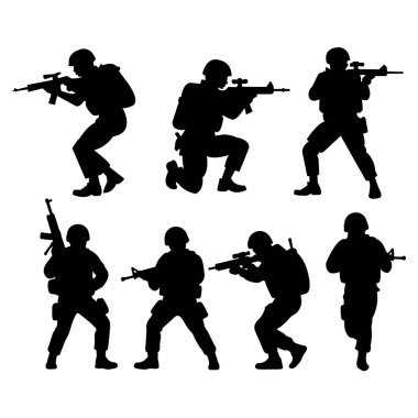 Siluet Vektörü Tüfekli Askerler. Askeri Savaş ve Taktik Harekat Pozisyonları Ayarlandı