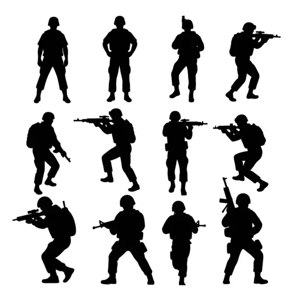 Siluet Vektörü Tüfekli Askerler. Askeri Savaş ve Taktik Harekat Pozisyonları Ayarlandı