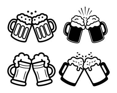 Bira kupası siluet çizgisi sanat vektörü seti, iki tezahürat bira kupaları ikon vektör illüstrasyonu.