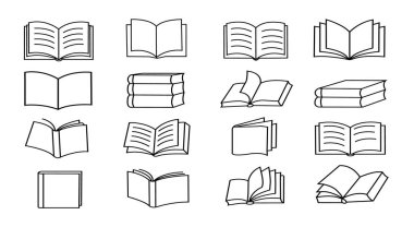 Kitap Simgeleri Ayarlandı, Satır Kitabı simgesi. Kütüphane sembolü taslağı. Ders kitabını aç ve kapat. Vektör illüstrasyonu.