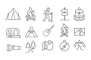 Kamp ve açık hava macera çizgisi simgeleri hazır. Çadır, Kamp Ateşi, Yürüyüşçü, Sırt çantası, Harita, Pusula, Orman, Dağlar Çizgisi Sanat Vektörü.
