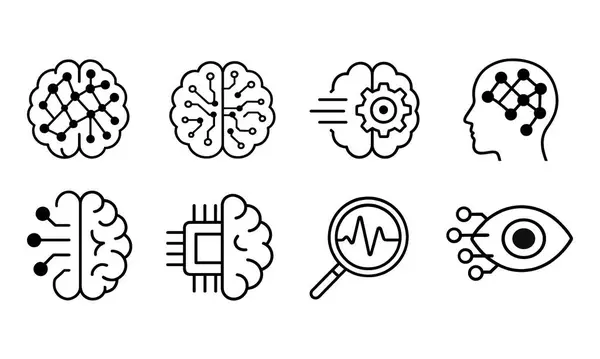 Yapay Zeka, Analiz Simgesi lineer ikon koleksiyonu. Teknoloji vektör illüstrasyonu.