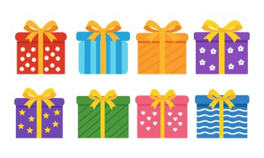 Hediye kutusu renkli elementler vektör çizimi seti. Kurdeleler ve desenlerle. Doğum günü hediyesi kutusu Noel süprizi için klip çizimi..