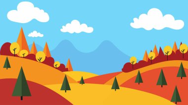 Tepeleri ve ağaçları olan sonbahar manzarası düz vektör çizimi