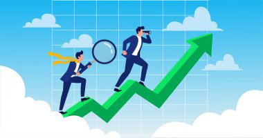 İş tahminleri ve gelecek vizyon vektör çizimleri dürbünle bakan iş adamlarıyla