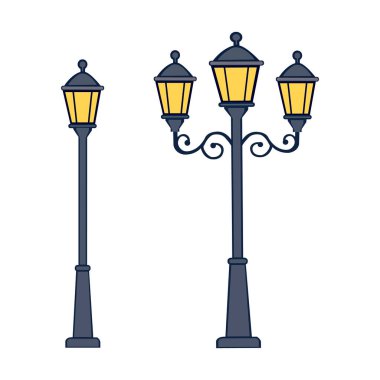 Klasik sokak lambası siluet vektörü ayarlandı. Kentsel geçmişe dönük aydınlatma simgeleri