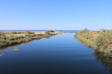 Mavi Pürüzsüz Nehir yavaşça Denize akıyor. Yüksek kalite fotoğraf
