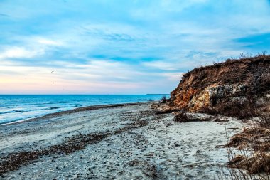 Gün boyunca kayalık bir deniz kıyısındaki güzel bir deniz manzarasının dikey görüntüsü.