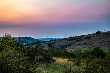 a high angle shot of a beautiful sunset with trees in the mountains