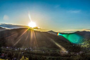 sunrise in the carpathian mountains. summer morning in the mountains. aerial top view