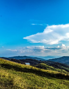 Dağları ve ormanı olan güzel bir manzara.
