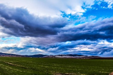 Yeşil ve mavi gökyüzü olan güzel bir manzara.