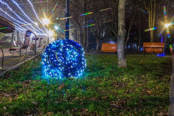 Yeni yıl ve akşamları Noel ağacı. Yılbaşı ağacı ve gece vakti parkta noel ışıkları var..
