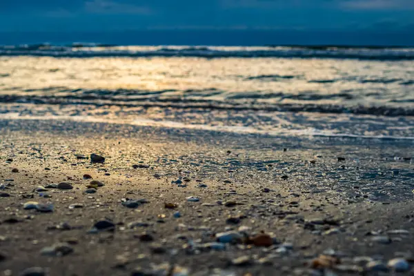 Baltık deniz kıyıları, akşam batımı gökyüzü ve kumlu sahil