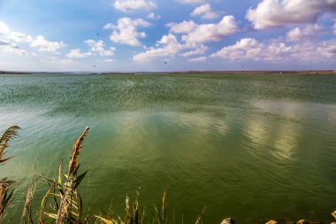 Güneşli bir günde göl, yukarıdan bir manzara