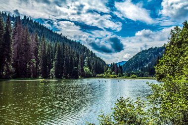 Dağları ve mavi gökyüzü olan güzel bir manzara.