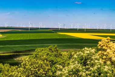 Tarladaki rüzgar türbinlerinin hava görüntüsü