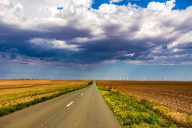 Buğday tarlası ve mavi gökyüzü olan güzel bir manzara.