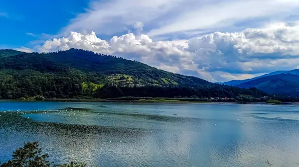 Göl ve dağlarla dolu güzel bir manzara.