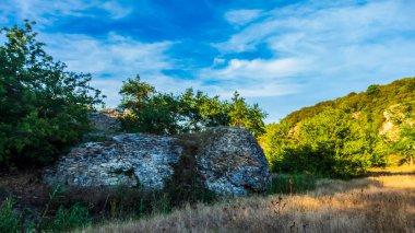 Ormandaki taş duvar Gün batımında.