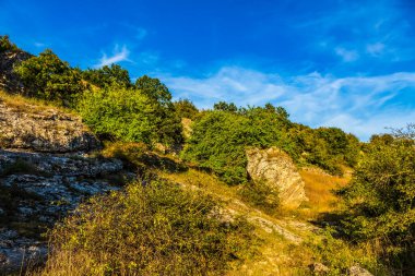 Sonbahar günü kayalık dağların dikey görüntüsü.