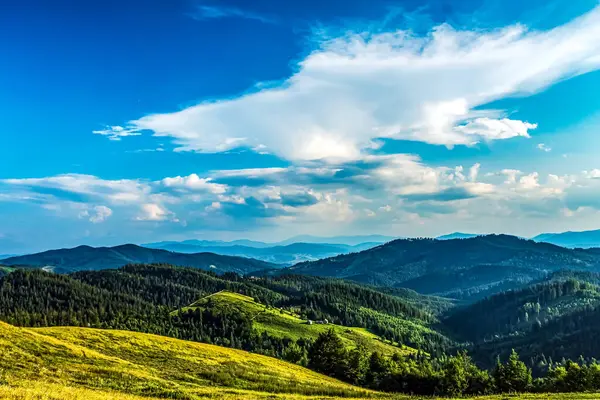 Mavi gökyüzü ve ormanlı yeşil dağlar