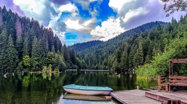 Göl ve dağlarla dolu güzel bir manzara.