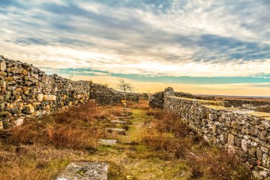 Rusya 'nın Ostrooskaya köyündeki terk edilmiş bir kalenin kalıntıları. Birinci yüzyılın Rus kalesinin kalıntıları.