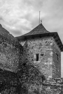 Eski şatonun dikey gri tonlarında, arka planda tahta çitleri ve siyah bir duvarı var.