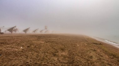 Kumlu bir sahilde rüzgarın manzarası, deniz ve sabah sisi.