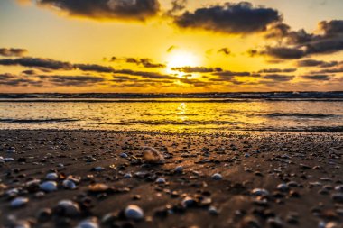 Gün batımlı kumlu bir sahilin güzel bir görüntüsü