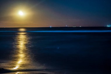 Deniz feneri olan güzel bir deniz manzarası ve bir ay.