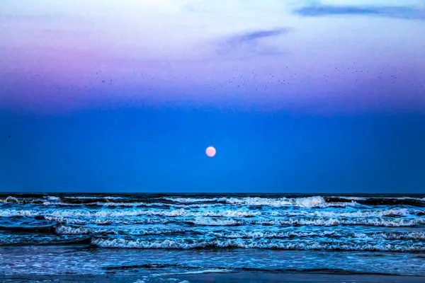 Sahildeki deniz dalgaları, günbatımı arka planı