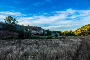 Ormanda bir dağ sırası olan manzara.