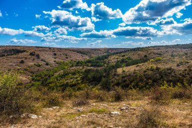 Kırım dağlarında güneşli bir günde ormanın olduğu güzel bir dağ sırasının manzarası..